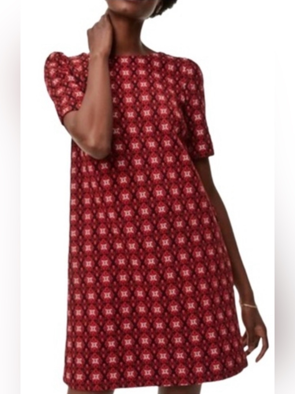 LOFT Petite Red Patterned Short-Sleeve Mini Dress